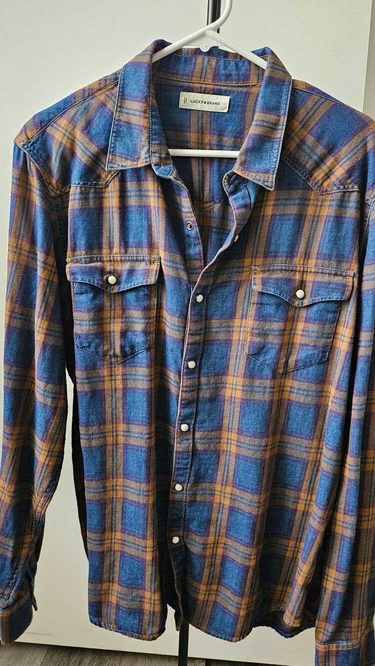 Lucky Brand Men's Plaid Western Snap Button Shirt - Indigo/Orange, Size L